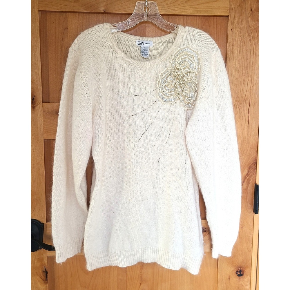 Vintage SML Silk Angora Lambs Wool LARGE Cream Sweater Beaded Flower Cottagecore